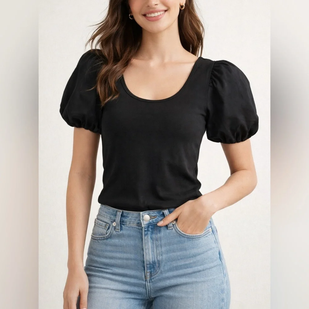 🌸 Old Navy Puff Sleeve Black Top Small Balloon Sleeve Chic Minimal Blouse